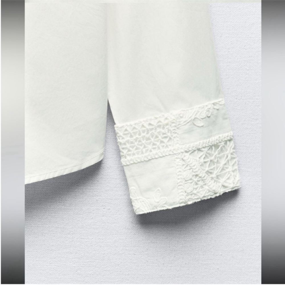 Zara, white, guipore lace pocket poplin shirt, Large - Picture 3 of 8